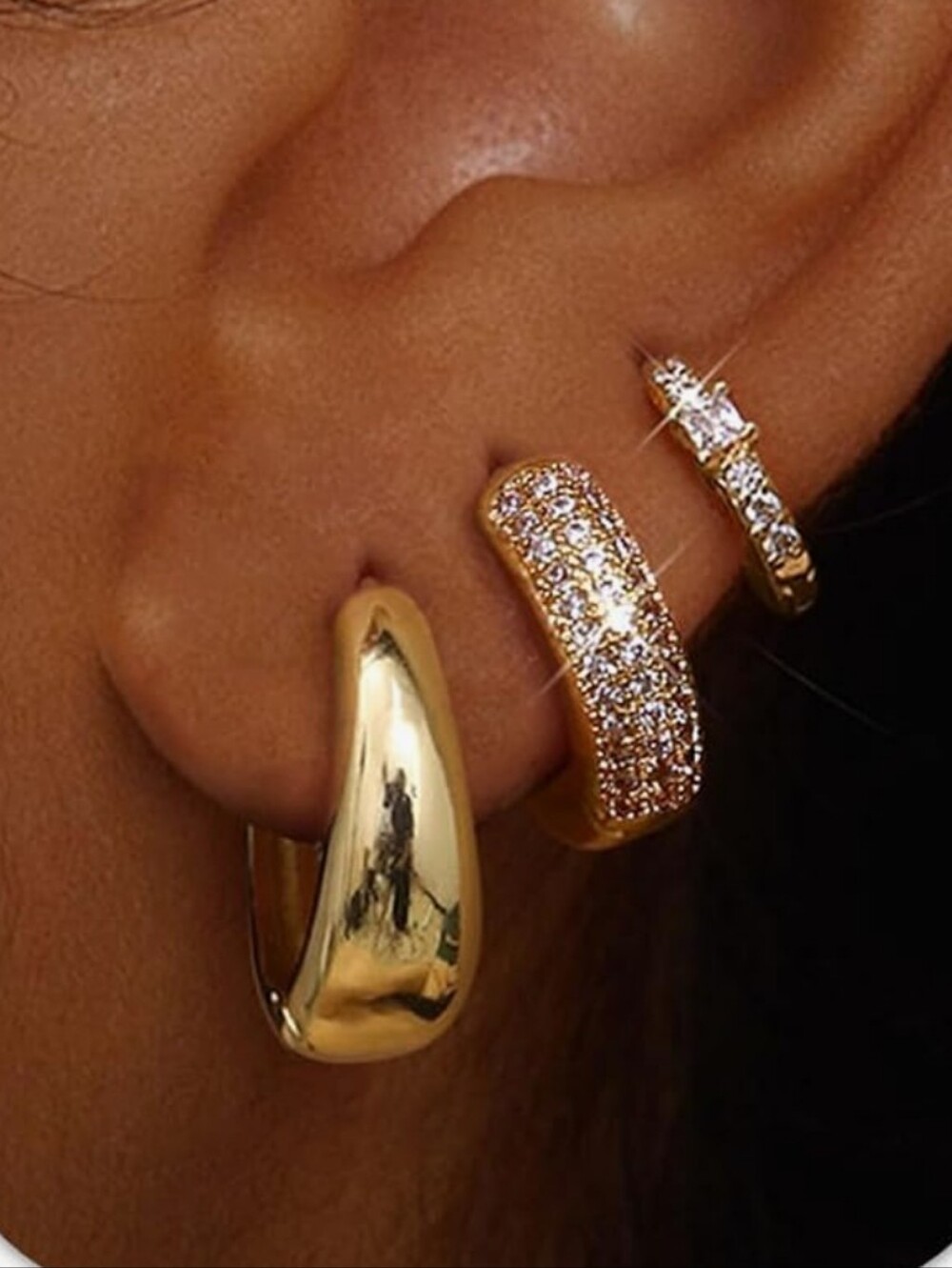 3 Set Classy Minimalist Gold Pave & Smooth Hoop Earring Set - Women Jewelry